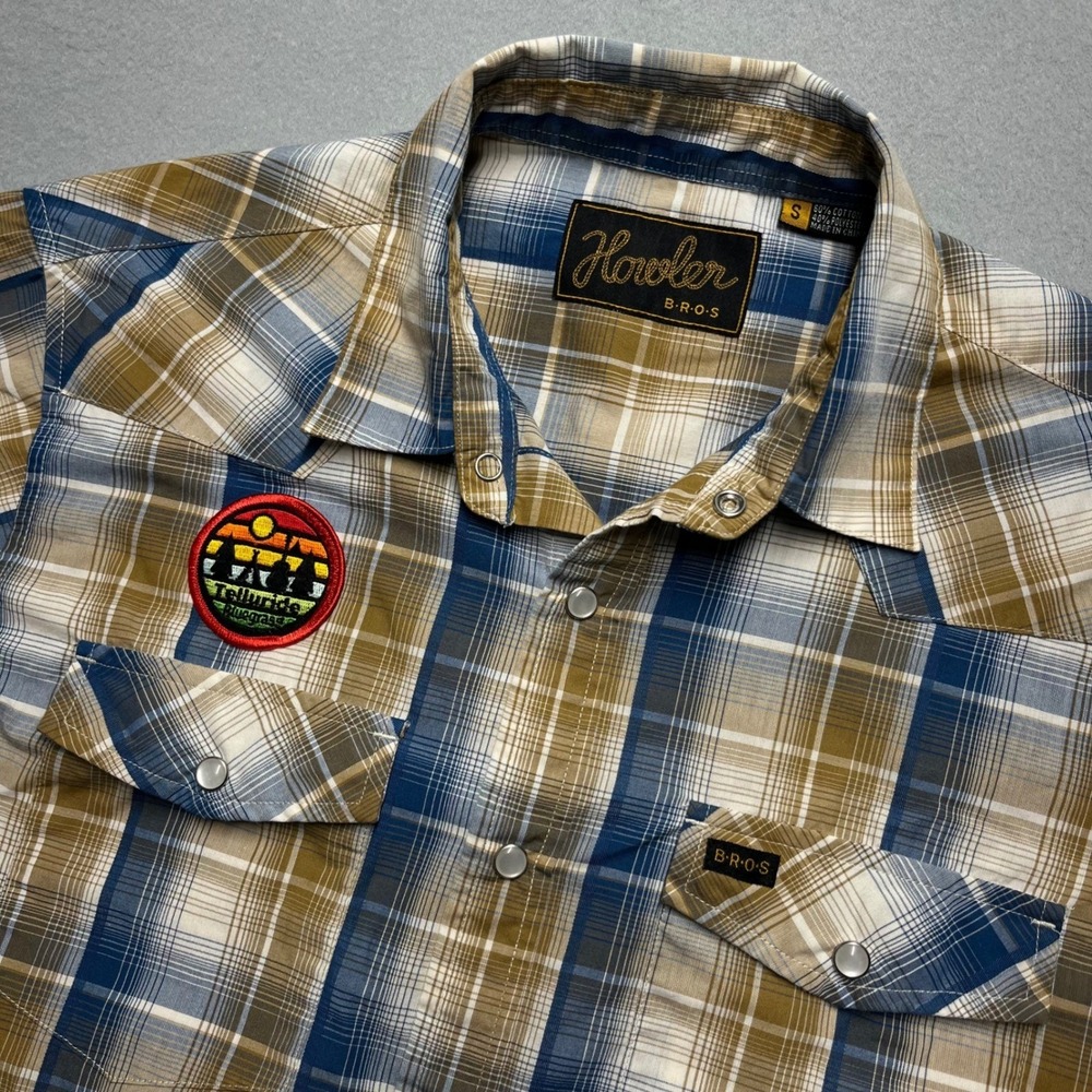 Howler Brothers Mens Small Blue Tan Plaid Western Snap Telluride Bluegrass Shirt